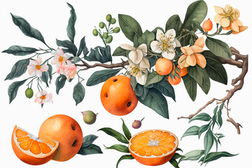 Watercolor drawing of fresh orange and orange color tangerine with flowers and leaves, organic natural fruits on a white isolated background, freehand drawing, space for text. Generative AI.