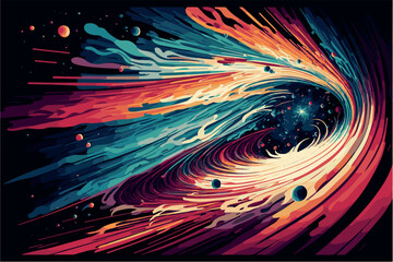 Wall Mural - Space background. Colorful explosion on dark wallpaper. Vector art. Futuristic explosion. Creative banner for website. Astronomy. Wave of light. Shining stars nebula. Cartoon drawing night painting