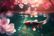 Red koi fish swimming in the water in the pink flowers background.  Generative AI.