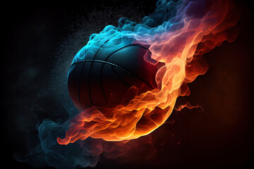 Wall Mural - Basketball on hot fire smoke with black background. Generative Ai