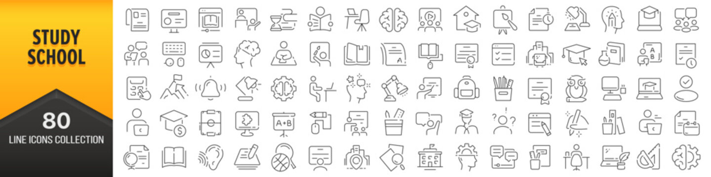 study and school line icons collection. big ui icon set in a flat design. thin outline icons pack. v