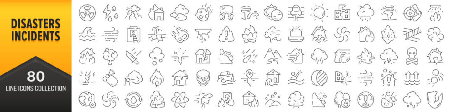 disasters and incidents line icons collection. big ui icon set in a flat design. thin outline icons 