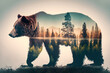 Double exposure of a bear and the forest - Generative AI
