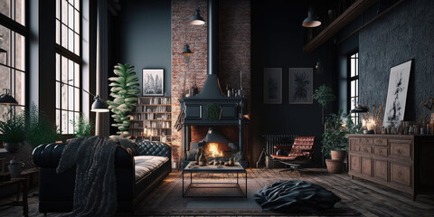 Poster - Modern home interior with fireplace, 3d render Generative AI