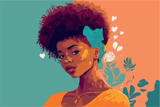 Wall Mural -  - Beautiful black woman. Vector art illustration. Young and powerful girl. Pretty face, and fashionable. Cartoon sketch of strong african woman. Portrait of afro model. Drawing of adult with afro head.