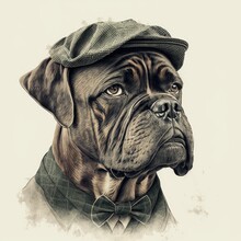 English Bulldog Wearing A Hat, Dog Portrait, Vintage, Illustration, Gentleman, White Background