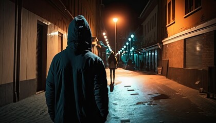 Robber in hood watches woman silhouette walking alone dark street, suspicious man hunts for female single victim on deserted street. Rear view maniac in hood wanted to rape woman, generative AI