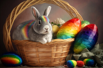 Wall Mural - Cute Rainbow Easter Bunny With Colored Eggs In A Basket, Variegated Rabbit With Varicolored Egg In Hamper, Easter Day, Generative Ai