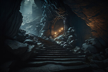 stairs leading up in a mysterious dark stone dungeon, created by a neural network, Generative AI technology