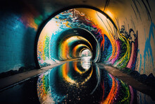 Subway Station Tunnel With Graffiti On The Wall. Urban Wallpaper. AI