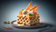Raclette waffle with kimchi yoghurt, food photography photorealistic detailed