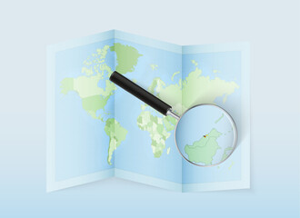 Wall Mural - A folded world map with a magnifying lens pointing towards Brunei. Map and flag of Italy in loupe.