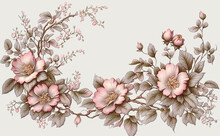 Pink Wild Rose Flowers, Decorative Background With Copy Space Illustrated Vintage Style. Generative AI