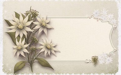 Edelweiss flowers, decorative background with copy space illustrated vintage style. Generative AI