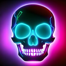 Crânio Em Led Neon Rosa E Azul (Skull In Pink And Blue Neon Led) - Generative IA