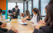 © EKKAPON - Businessman making presentation with his colleagues and business strategy digital layer effect at the office as concept.