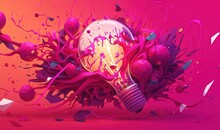 A Light Bulb Surrounded By Pink And Purple Paint Splattered On The Wall And Floor, With A Broken Lightbulb In The Middle.  Generative Ai