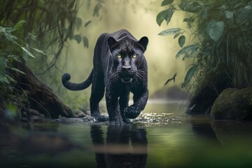 Wall Mural -  a black panther walking across a river in a jungle with green foliage and rocks on either side of the river, with a reflection of its face in the water.  generative ai