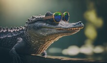  A Close Up Of A Alligator Wearing Sunglasses With A Green Light On It's Face And A Green Light On His Eyeglasses.  Generative Ai