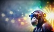  a monkey with sunglasses on its head wearing a pair of sunglasses in front of a bright background with stars and lights in the sky,.  generative ai