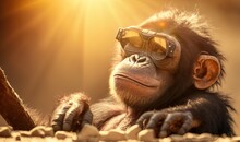  A Chimpan With Sunglasses On His Head And A Stick In His Hand, Looking At The Camera, With The Sun Shining Through The Lens.  Generative Ai
