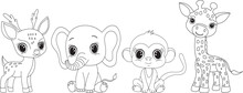 Deer, Elephant, Monkey, Giraffe Cartoon Sketch Coloring Book, Outline Isolated, Vector