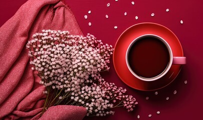 Wall Mural -  a cup of coffee and a bouquet of flowers on a pink background with scattered seeds and a red cloth with a red cup of coffee.  generative ai