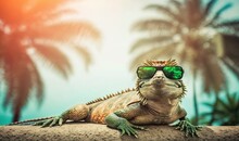  A Lizard Wearing Sunglasses Sitting On Top Of A Rock Near A Palm Tree In The Background With The Sun Shining On It's Face.  Generative Ai