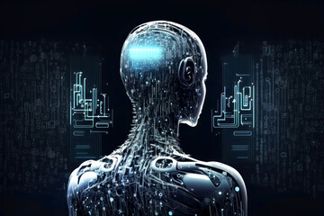 Fototapete - Abstract digital humanoid cyber face. Artificial intelligence concept of big data or cyber security. Chat GPT concept. Generative AI