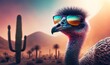  an ostrich wearing sunglasses in the desert with a cactus in the foreground and a sunset in the background behind it.  generative ai