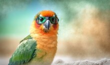  A Colorful Bird With Glasses Sitting On A Pile Of Sand In The Sand Dunes Of A Beach In Front Of A Blurry Background Of Sand.  Generative Ai