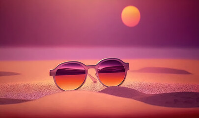 Wall Mural -  a pair of sunglasses sitting on top of a sandy beach next to the sun in the distance with a pink sky behind them and a purple background.  generative ai