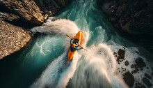 Aerial Top View Extreme Sport Kayak Sails Mountain River With Sun Light. Rafting, Whitewater Kayaking. Generation AI