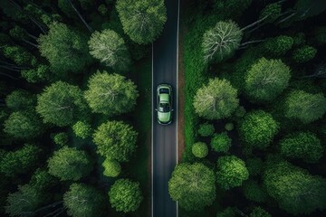 green car on forest highway. generative ai