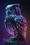 Fototapeta  - Owl in blue and purple colours, abstract owl, owl futuristic design