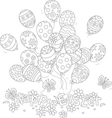 Wall Mural - Easter card with flying holiday balloons decorated with traditional ornaments, spring flowers and merrily fluttering butterflies, black and white outline vector cartoon illustration