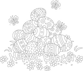 Wall Mural - Easter card with a pile of festively painted gift eggs on a pretty lawn with spring flowers and merrily fluttering butterflies, black and white outline vector cartoon illustration