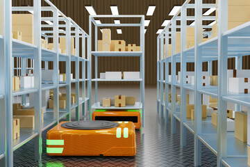 Poster - Automated guided vehicles. Storage machines. Agv machines. Robotized warehouse. Agv technology. Automated Guided vehicles in warehouse. Agv for moving steel by warehouse. Fulfillment process. 3d image