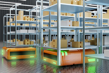 Poster - Warehouse automatic cart. Amr for storage logistics. Distribution machines inside warehouse. Agv moves shelves with boxes. Amr for transporting steel by warehouse. Storage mobile robot. 3d image