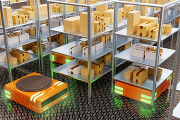 Poster - Industrial robots. Automated warehouse carts inside factory. Autonomous robots for working in warehouse. Modernization of storage process. Amr raise shelves for transportation. 3d image