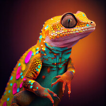 Realistic Lifelike Gecko Reptile In Fluorescent Electric Highlighters Ultra-bright Neon Outfits, Commercial, Editorial Advertisement, Surreal Surrealism. 80s Era Comeback	
