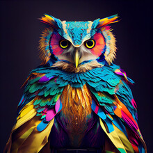 Realistic Lifelike Owl Bird In Fluorescent Electric Highlighters Ultra-bright Neon Outfits, Commercial, Editorial Advertisement, Surreal Surrealism. 80s Era Comeback	
