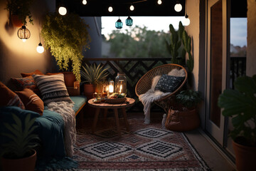 Boho style patio, created by a neural network, Generative AI technology