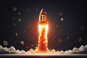 Bitcoin sign flying out of rocket on dark background. Generative AI