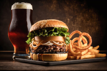 Wall Mural - A gourmet burger with a tower of crispy onion rings and homemade BBQ sauce on a brioche bun, served with truffle fries and a cold beer - Generative AI