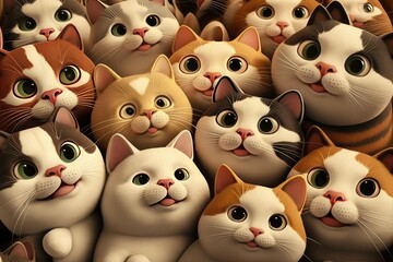 Poster - 3D cute very many smiley cats. Full cats on background. Generative AI