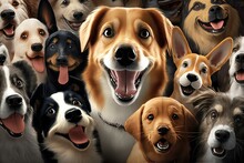3D Cute Very Many Smiley Dogs. Full Dogs On Background. Generative AI