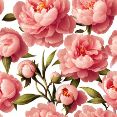 Wall Mural - Seamless vector pattern with pink peonies. PNG illustration with flowers separated on a transparent background.