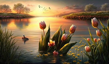  A Painting Of A Sunset With A Duck And Flowers In The Water And Birds Flying Over The Water And Trees And Flowers In The Water.  Generative Ai