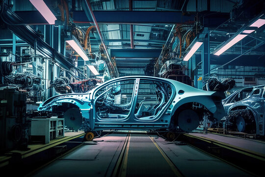 The automotive industry's advancement includes vast factories dedicated to car assembly, signifying progress and innovation in manufacturing